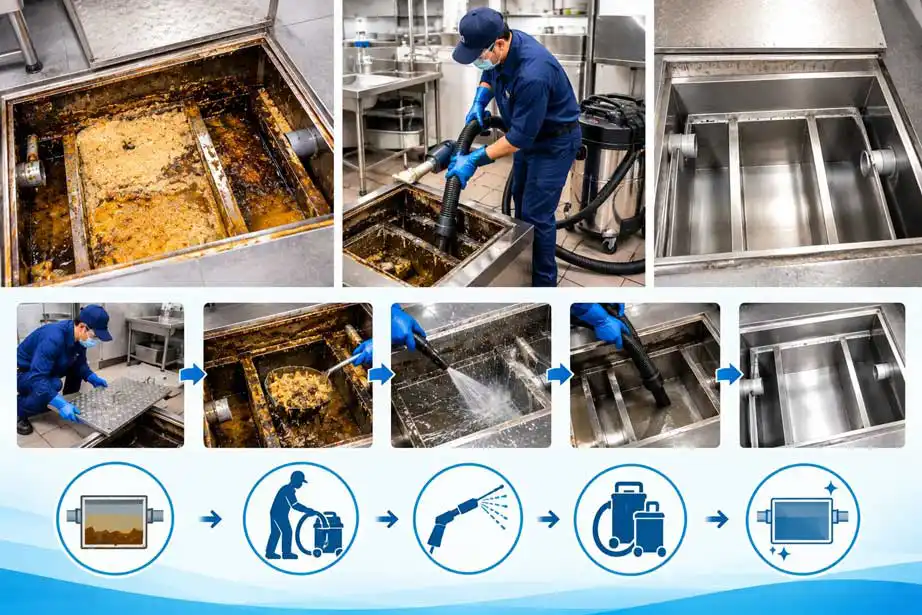 Before and after comparison of grease trap cleaning in Qatar