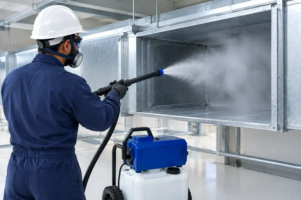 Technician using professional equipment for bacteria and allergen removal