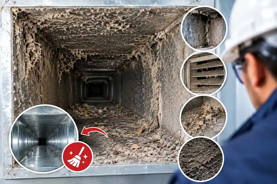 Before and after comparison of an HVAC duct cleaning service