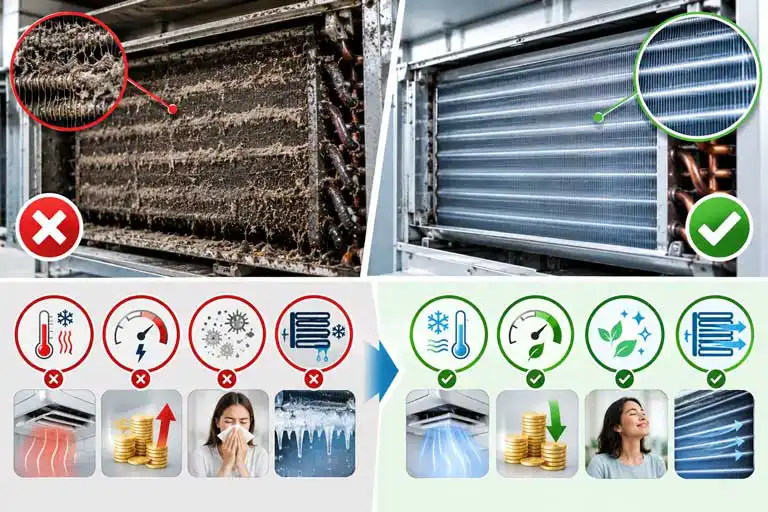 Before and after comparison showing a dirty, clogged AC coil versus a clean, well maintained coil in Qatar